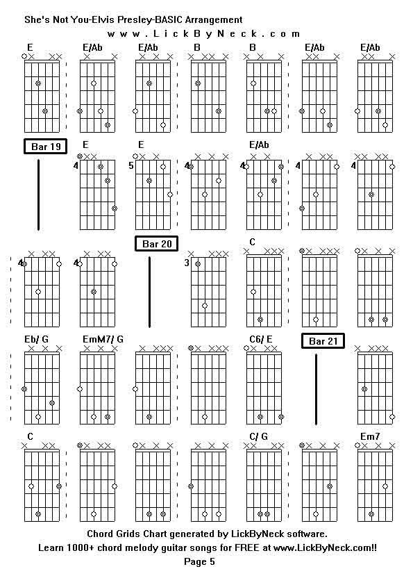 Chord Grids Chart of chord melody fingerstyle guitar song-She's Not You-Elvis Presley-BASIC Arrangement,generated by LickByNeck software.